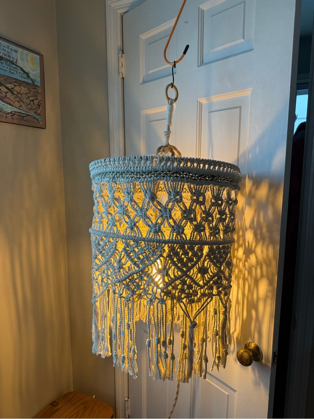 Cream Macramé Hanging Lantern - Boho Woven Shade